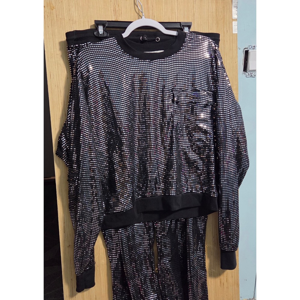 Generation K Womens 1X Sequin 2 Piece Set Black Silver Cargo Joggers Top NWT